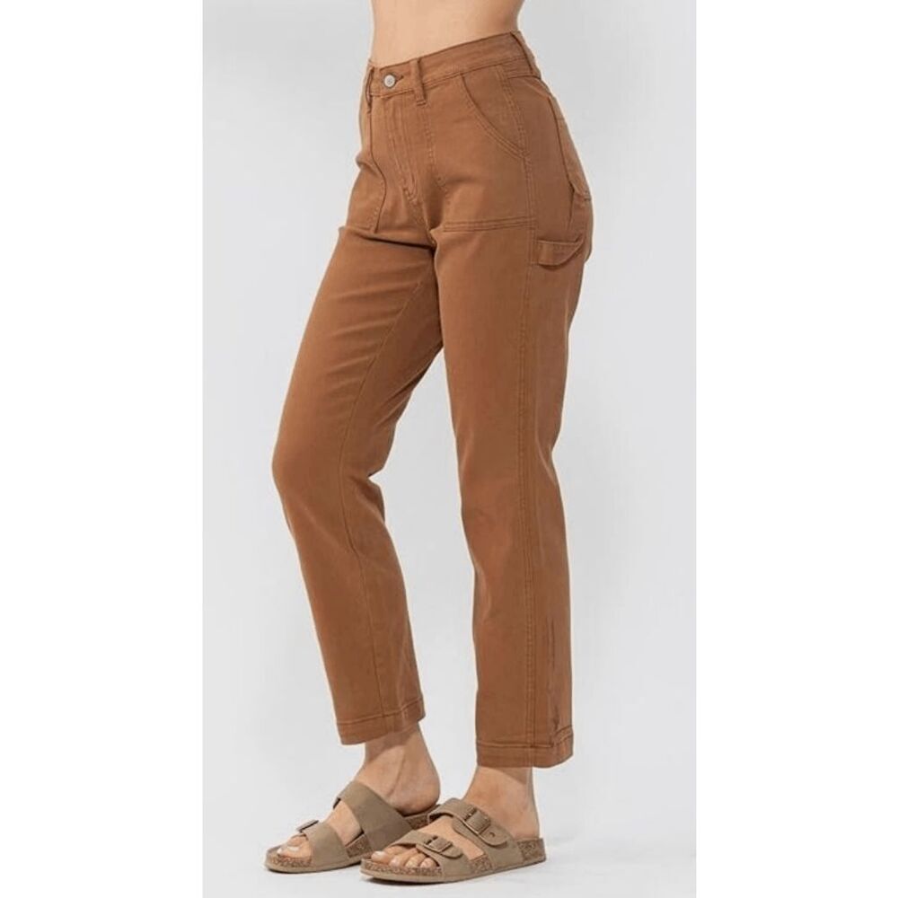 Judy Blue NWT Brown Utility Slim Fit Jeans High Waist Style 88462 Cuffed 27.5” S - Picture 3 of 6